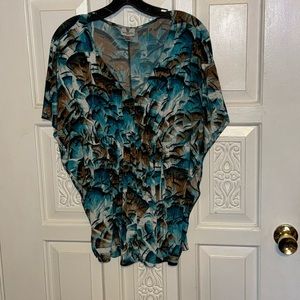 Worthington Stretch Blue/Brown Design Batwing Sleeved  Top Size Small